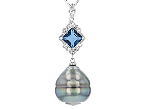 14mm Cultured Tahitian Pearl & Blue and White Topaz Rhodium Over Silver Pendant With Chain