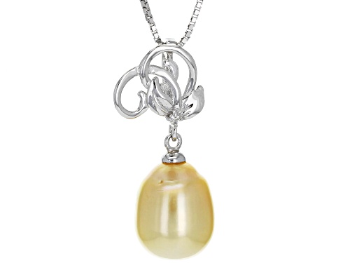 10mm Golden South Sea Pearl & White Topaz Rhodium Over Sterling Silver Pendant With Chain