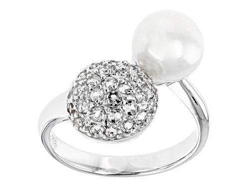 8-9mm White Cultured Freshwater Pearl and White Topaz Rhodium Over Sterling Silver Ring - Size 11
