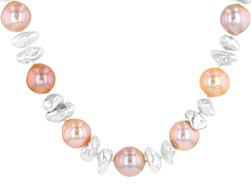 10-13mm White Cultured Keshi & Multi-color  Cultured Freshwater Pearl Rhodium Over Silver Necklace - Size 18