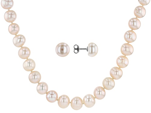 9-11mm White Cultured Freshwater Pearl, Rhodium Over Silver 20 Inch Necklace & Stud Earrings Set