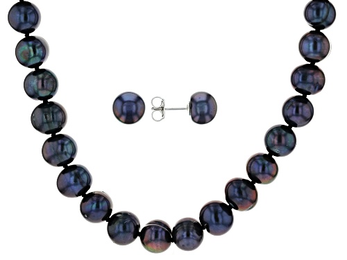 9-11mm Black Cultured Freshwater Pearl, Rhodium Over Silver 20 Inch Necklace & Stud Earrings Set