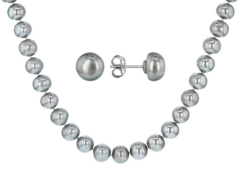 9-11mm Silver Cultured Freshwater Pearl, Rhodium Over Silver 20 Inch Necklace & Stud Earrings Set