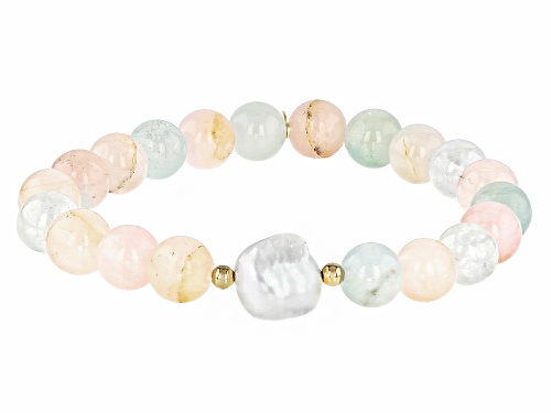 10.5-11mm Cultured Freshwater Pearl & Beryl 18k Yellow Gold Over Silver Bead Stretch Bracelet