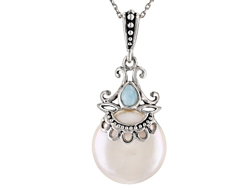 15mm Cultured Freshwater Pearl & Larimar Rhodium Over Silver Pendant With Chain
