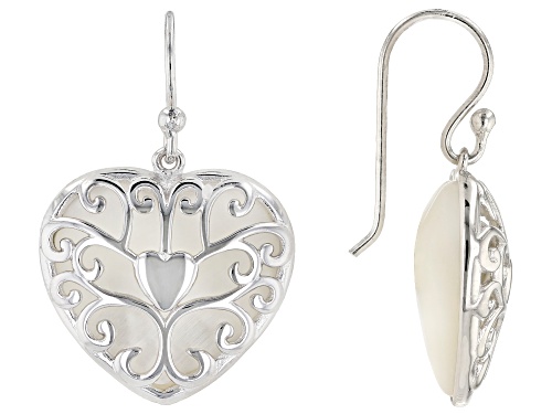16-18mm White Mother-Of-Pearl, Rhodium Over Sterling Silver Heart Earrings