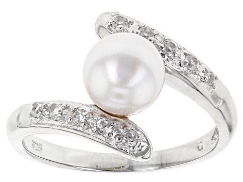7-8mm White Cultured Japanese Akoya Pearl & White Zircon Rhodium Over Sterling Silver Ring - Size 12