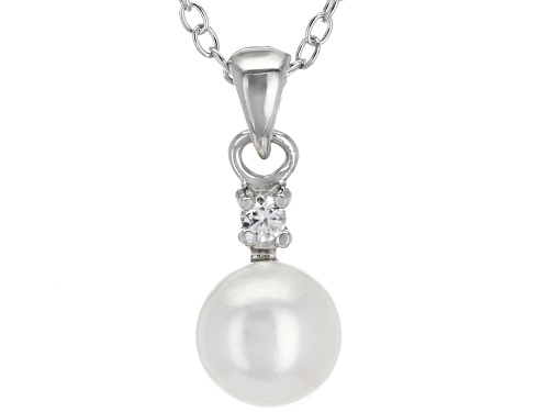 6-7mm White Cultured Japanese Akoya Pearl & White Zircon Rhodium Over Silver Pendant With Chain