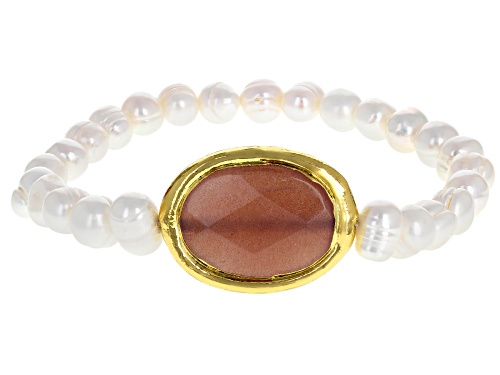 8-8.5mm Cultured Freshwater Pearl & Rose Quartz, Yellow Gold Tone Accent Stretch Bracelet