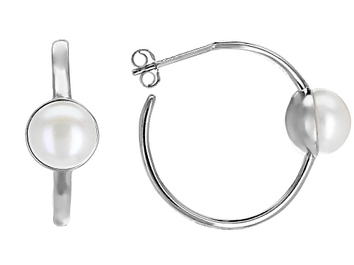 8-9mm White Cultured Freshwater Pearl Rhodium Over Sterling Silver Hoop Earrings
