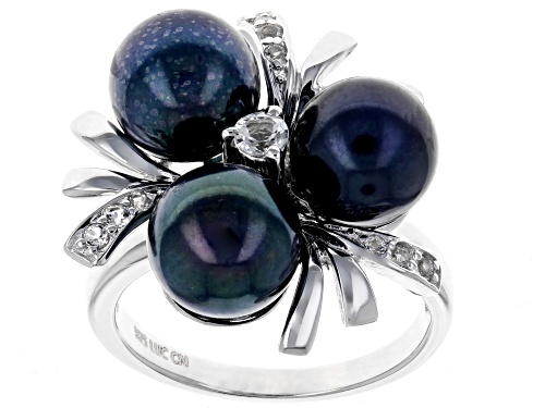 8mm Black Cultured Freshwater Pearl & White Topaz Rhodium Over Sterling Silver Ring - Size 4