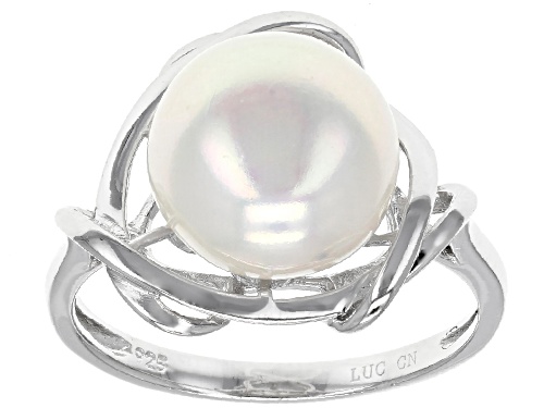10-11mm White Cultured Freshwater Pearl Rhodium Over Sterling Silver Ring - Size 10