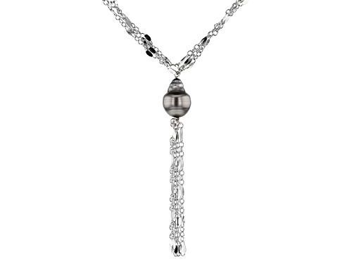 9.5-10mm Cultured Tahitian Pearl Rhodium Over Silver 18 Inch Tassel Necklace With Extender - Size 18