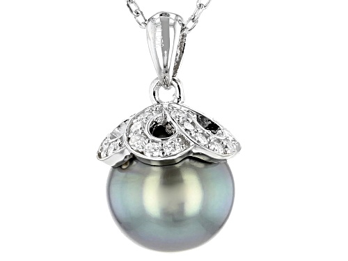 10mm Cultured Tahitian Pearl & Moissanite Fire® 0.30ctw Dew Rhodium Over Silver Pendant With Chain