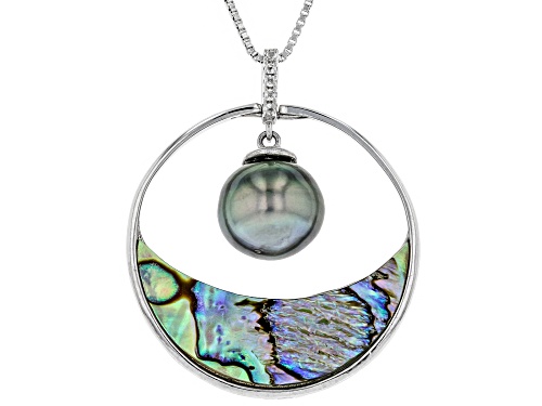 8mm Cultured Tahitian Pearl with Abalone Shell & .05ctw Topaz Rhodium Over Silver Pendant W/Chain