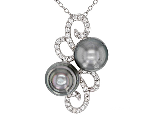 Photo of 8-8.5mm Silver Cultured Tahitian Pearl 0.65ctw White Zircon Rhodium over Sterling Silver Pendant