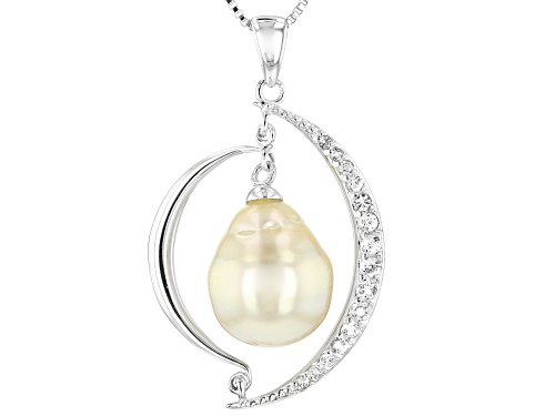 10-11mm Golden Cultured South Sea Pearl With 0.28ctw White Topaz Rhodium over Silver Pendant