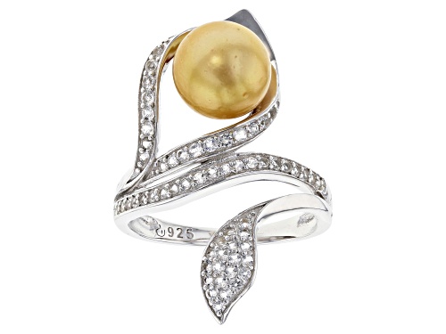 Photo of 8-9mm Golden Cultured South Sea Pearl with 0.37ctw White Topaz Rhodium over Silver Floral Ring - Size 11