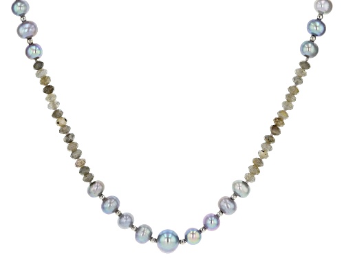 7.5-11mm Silver Cultured Freshwater Pearl Labradorite Rhodium Over Silver 50 inch Necklace - Size 50