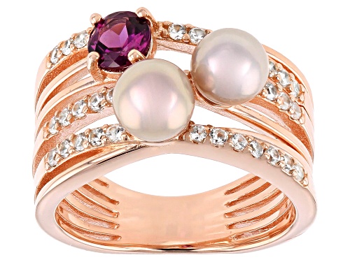 5-6mm Cultured Freshwater Pearl With Rhodolite & Zircon 18k Rose Gold Over Sterling Silver Ring - Size 12