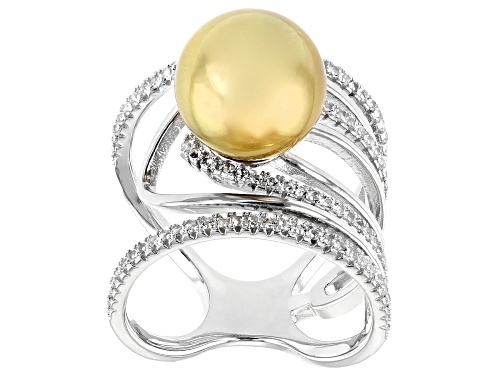 10-11mm Golden Cultured South Sea Pearl And 0.5ctw White Topaz Rhodium Over Sterling Silver Ring - Size 8