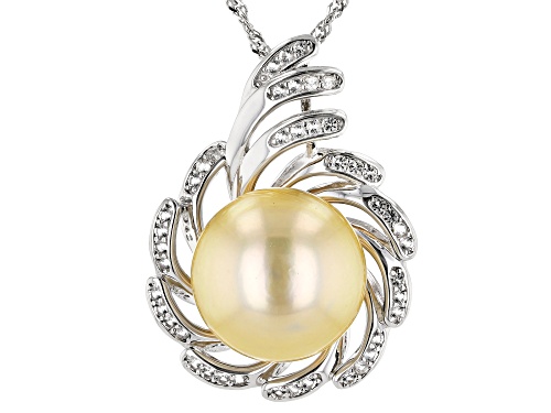 13-14mm Golden Cultured South Sea Pearl & White Topaz Rhodium Over Silver Pendant With 18 Inch Chain