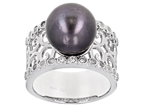 Photo of 11mm Cultured Tahitian Pearl And 0.44ctw White Topaz Rhodium Over Sterling Silver Ring - Size 12