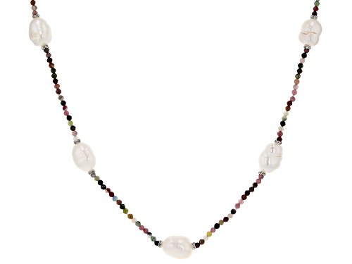Photo of 12-13mm Cultured Freshwater Pearl With Tourmaline & Diamond Simulant Silver Tone 32 Inch Necklace - Size 32