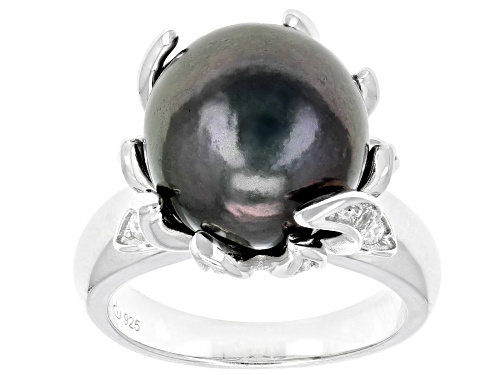 12mm Cultured Tahitian Pearl And 0.92ctw White Zircon Rhodium Over Sterling Silver Ring - Size 12