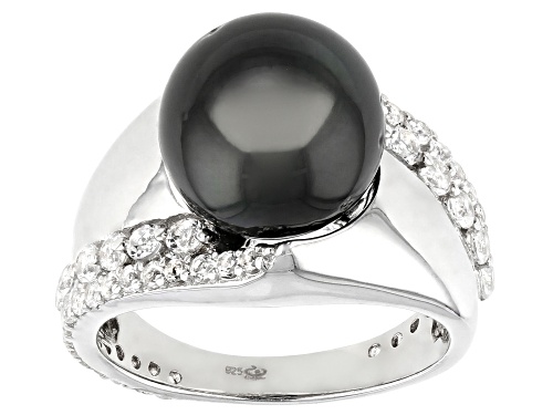 11-12mm Cultured Tahitian Pearl With 1.05ctw White Topaz Rhodium Over Sterling Silver Ring - Size 6