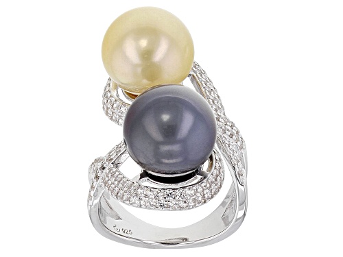 12mm Golden Cultured South Sea & 12mm Tahitian Pearl With White Zircon Rhodium Over Silver Ring - Size 12