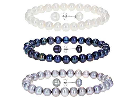 7-8mm Multi-color Cultured Freshwater Pearl Stretch Bracelet & Rhodium Over Silver Earrings Set of 3