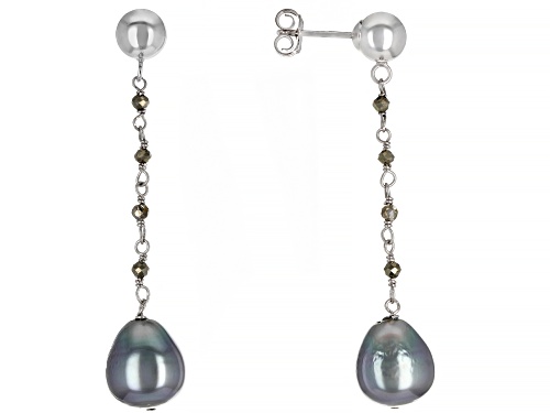 Photo of 9-10mm Cultured Tahitian Pearl And Pyrite Rhodium Over Sterling Silver Drop Earrings