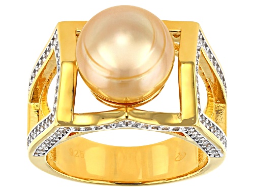 Photo of 10mm Golden Cultured South Pearl And White Topaz 18k Yellow Gold Over Sterling Silver Ring - Size 9
