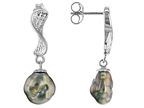 8-9mm Cultured Keshi Tahitian Pearl Rhodium Over Sterling Silver Drop Earrings