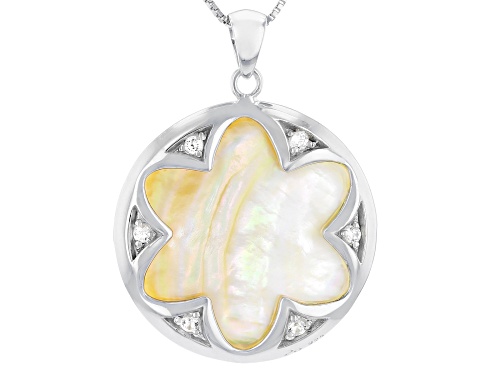 Golden South Sea Mother-of-Pearl & Zircon Rhodium Over Sterling Silver Pendant With Adjustable Chain