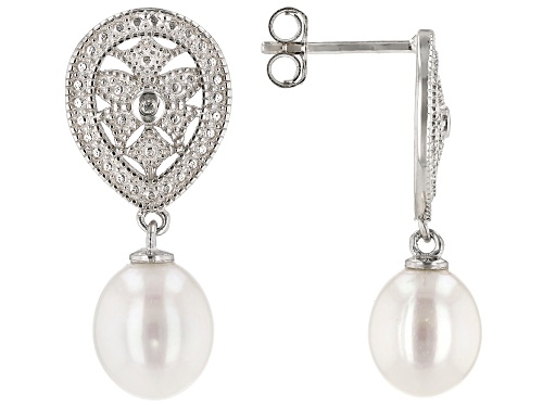 8-9mm White Cultured Freshwater Pearl With Diamond Accent Rhodium Over Sterling Silver Earrings