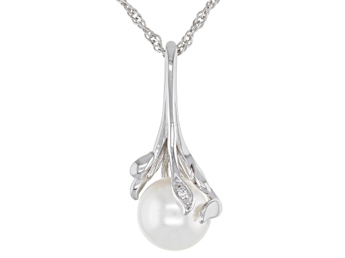 8-8.5mm White Cultured Freshwater Pearl & White Zircon Rhodium Over Sterling Silver Pendant