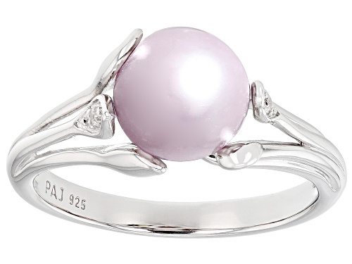 8-8.5mm Pink Cultured Freshwater Pearl & White Zircon Rhodium Over Sterling Silver Ring - Size 7