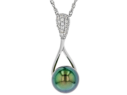 9-10mm Cultured Tahitian Pearl & White Zircon Rhodium Over Sterling Silver Pendant With Chain