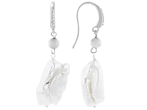 Free Form White Cultured Freshwater Pearl Rhodium Over Sterling Silver Earrings