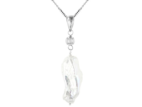 Free Form White Cultured Freshwater Pearl Rhodium  Over Sterling Silver Pendant With Chain