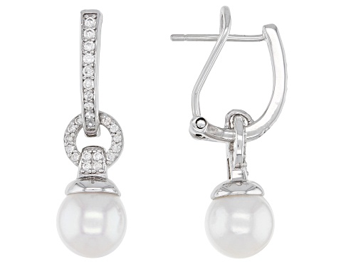 8mm White Cultured Japanese Akoya Pearl & 0.42ctw White Zircon Rhodium Over Sterling Silver Earrings