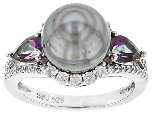 Photo of 9.5-10mm Cultured Tahitian Pearl, Mystic Topaz, & White Zircon Rhodium Over Sterling Silver Ring - Size 10