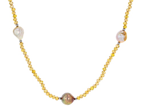 Genusis™ 10-12mm Cultured Freshwater Pearl & Champange Crystal Rhodium Over Silver 32 Inch Necklace - Size 32