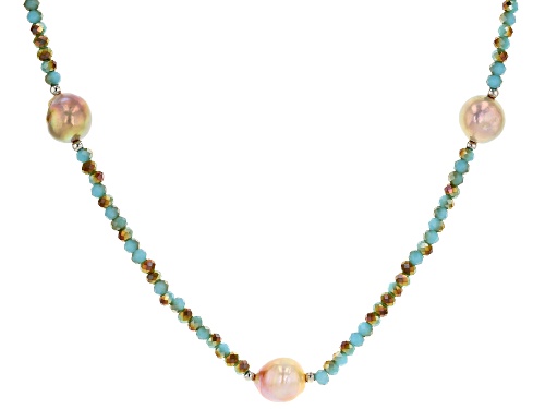 Genusis™ 10-12mm Cultured Freshwater Pearl & Green Crystal Rhodium Over Silver 32 Inch Necklace - Size 32