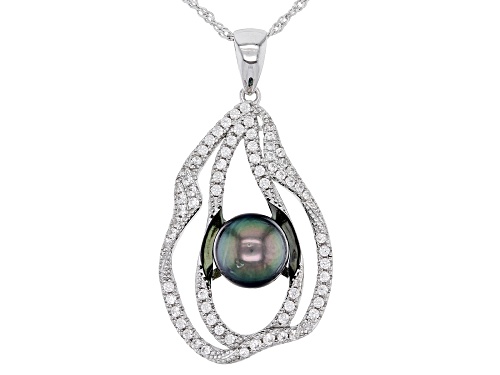 Photo of 9-10mm Cultured Tahitian Pearl & White Zircon Rhodium Over Sterling Silver Pendant With Chain