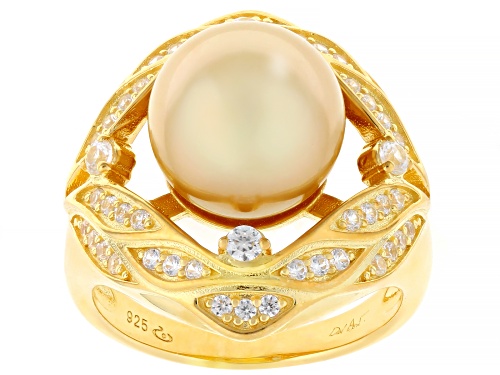 10mm Golden Cultured South Sea Pearl With Zircon 18k Yellow Gold Over Sterling Silver Ring - Size 12