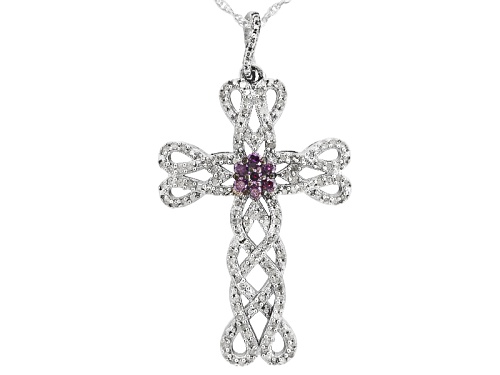 .50ctw Round Purple And White Diamond Rhodium Over Sterling Silver Cross Pendant With 18