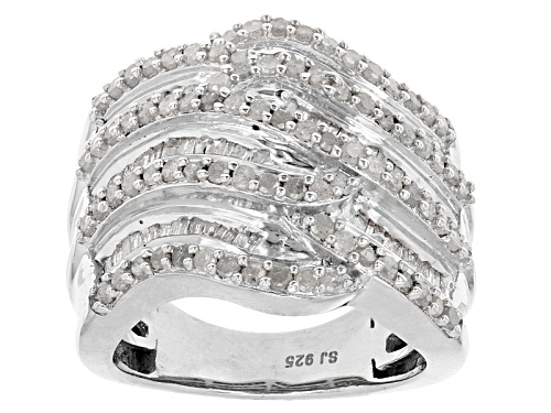 1.60ctw Round And Baguette White Diamond Rhodium Over Sterling Silver Crossover Ring - Size 7